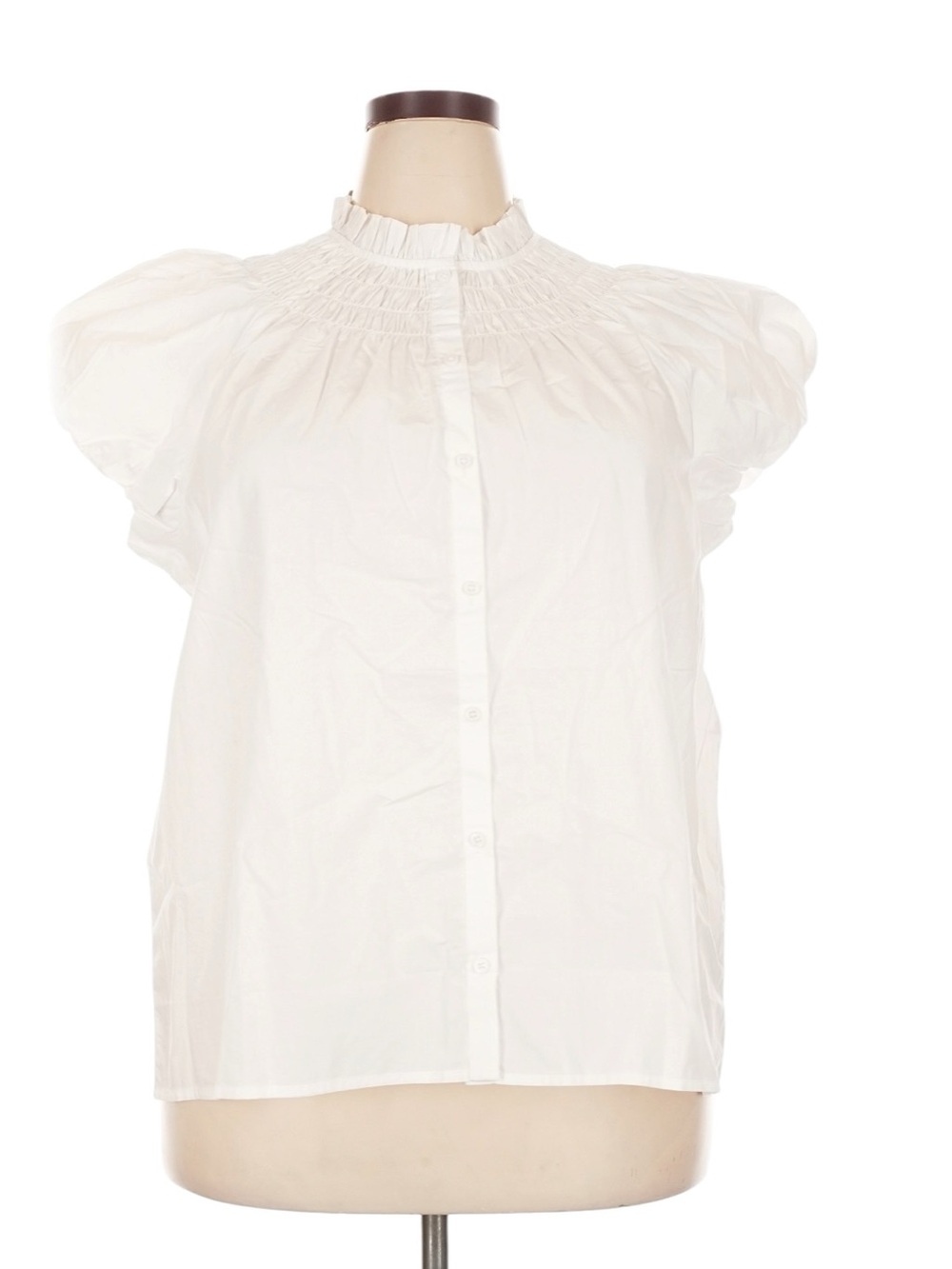 J. Crew Smocked Neck Puff Sleeve Button Down Top Size 2X White Short Sleeve NWT
